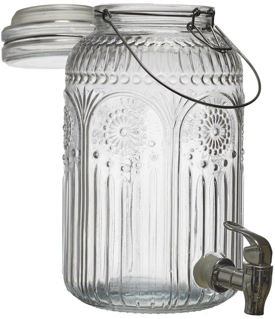 Glazen drankdispenser met kraantje en losse deksel. De fles heeft een ribbelpatroon met cirkelvormige decoraties.