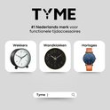Overzicht van TYME producten: wekker, wandklok en horloge.