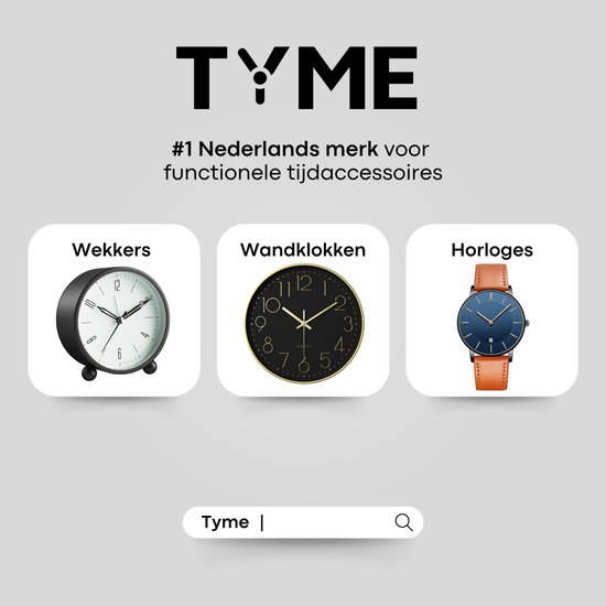 Overzicht van TYME producten: wekker, wandklok en horloge.