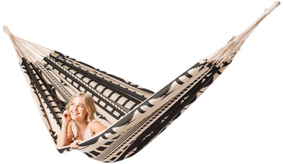 Luilak hangmat XXL - 100% Katoen - 400x180cm - 200kg draagkracht - binnen & buiten - Ecru, Zwart