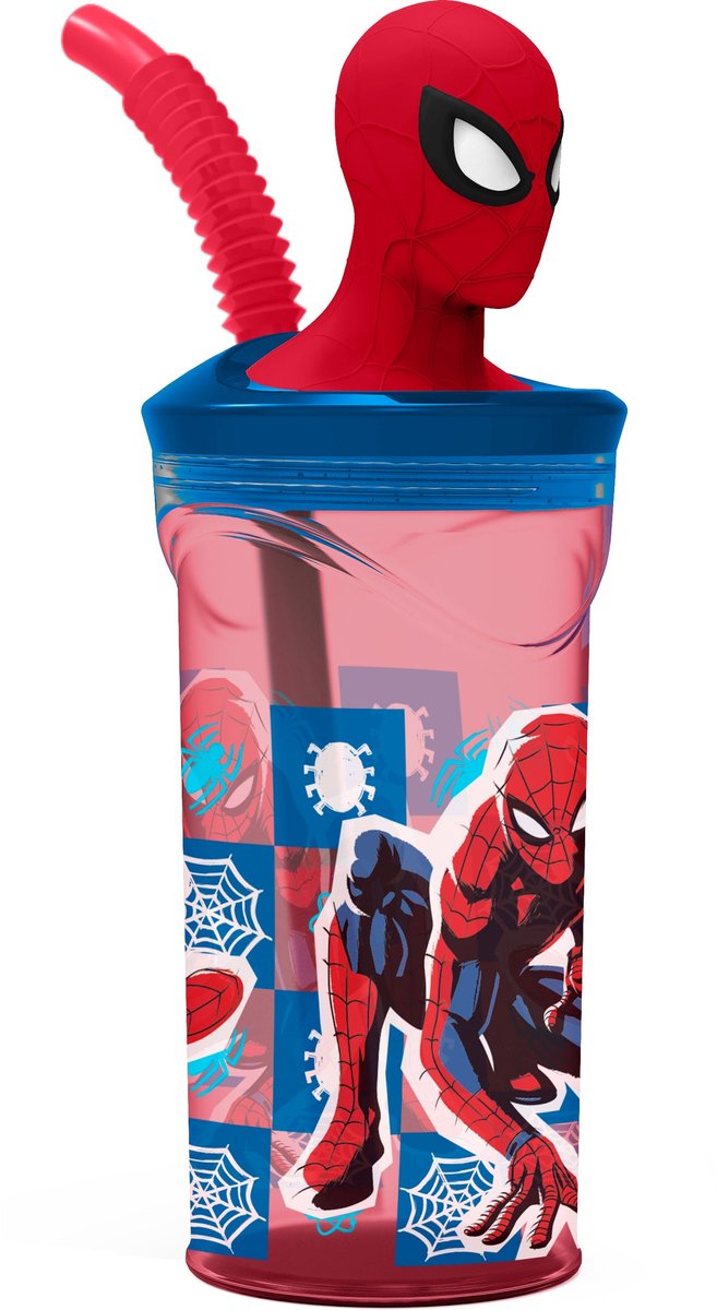 Marvel's Spider-Man Drinkbeker met rietje – 360 ml – Herbruikbaar – Met 3D-figuur – BPA-vrij – Tumbler voor kinderen vanaf 4 jaar – Transparant rood