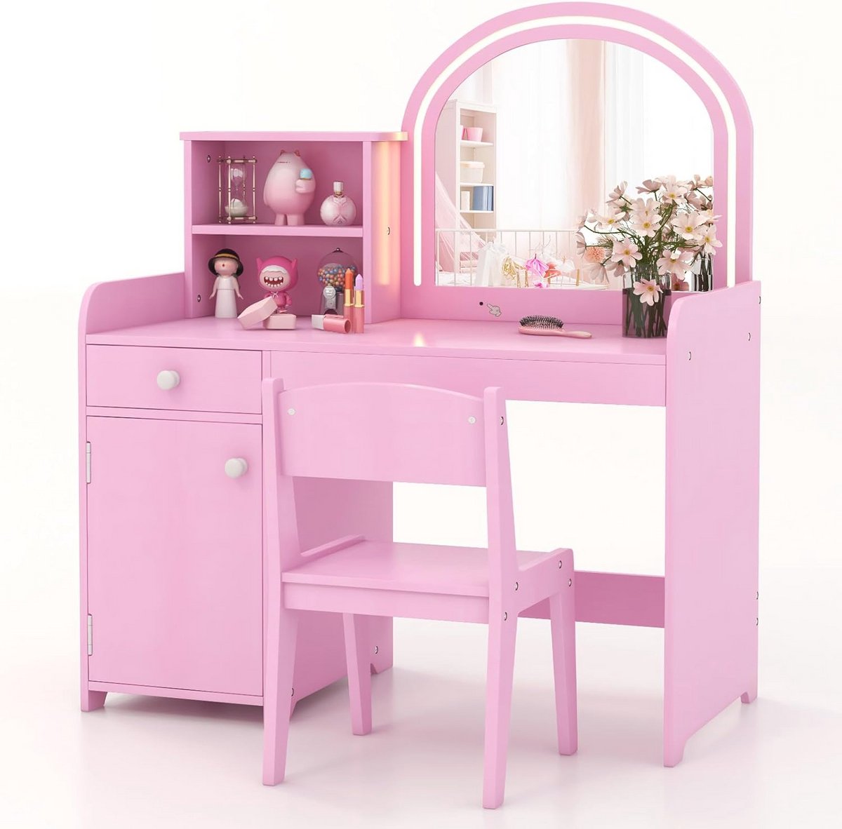 2-in-1 Kind Make-uptafel met Led Spiegel - Bureau voor Meisjes - Opbergplaats en Stoel