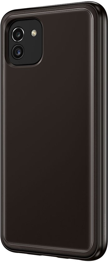 Zijkant van een zwart Samsung Galaxy A03 hoesje, helder met zwarte rand.