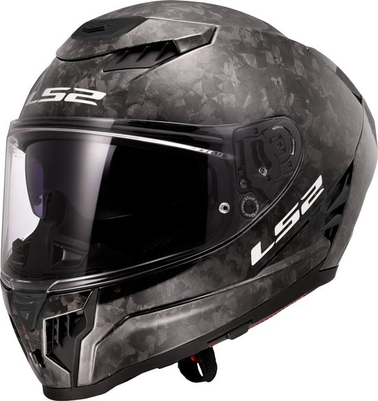 Côté d'un casque intégral noir aspect fibre de carbone, logo L52 blanc, visière transparente.