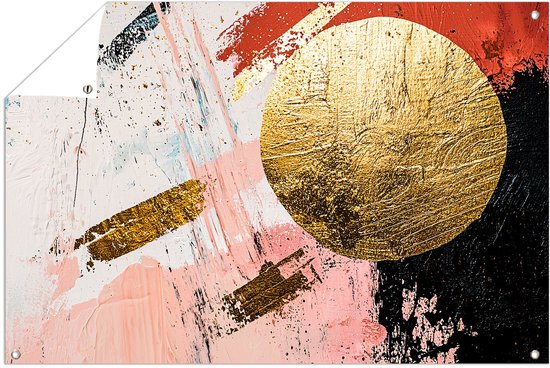 Abstract ontwerp met gouden accenten - Abstractie tuindecoratie - Tuinschilderijen kleur - Abstract expressionisme - Schuttingdoek - Waterafstotende wanddecoratie - tuinposter 90x60 cm