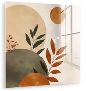 MuchoWow® Glasschilderij 20x20 cm - Schilderij acrylglas - Vormen - Rond - Bladeren - Beige - Foto op glas - Muurdecoratie woonkamer - Wanddecoratie slaapkamer - Schilderijen