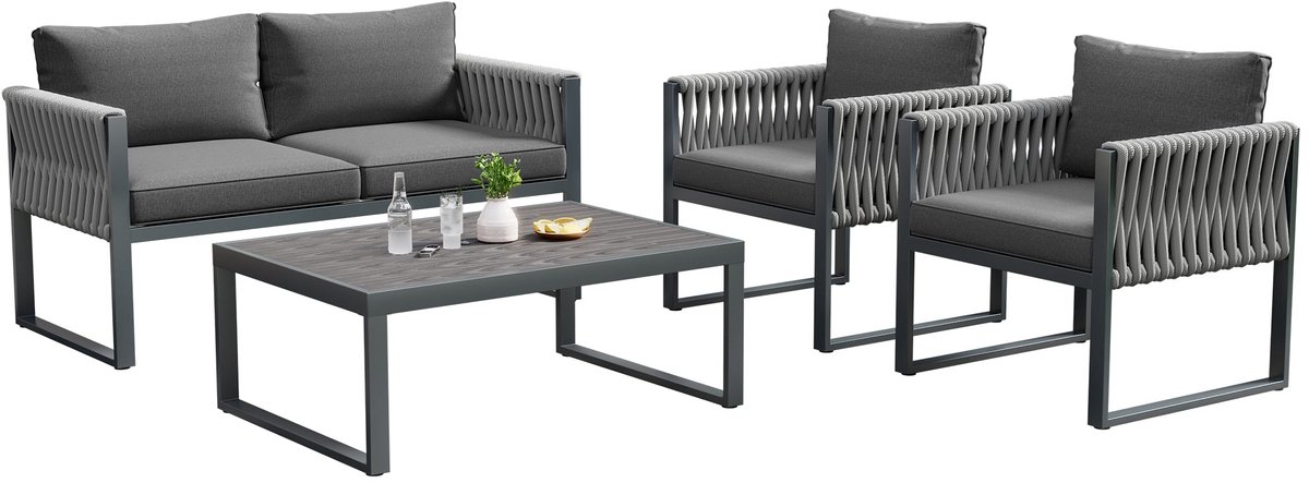 Tuinset met gevlochten touw design, grijze kleur, dikke kussens en stalen frame.
