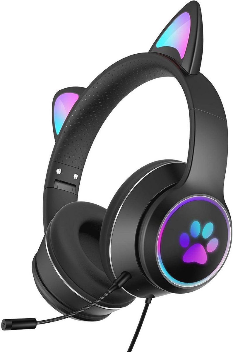 Gaming hoofdtelefoon met kattenoren en LED licht voor kinderen - Opvouwbare bekabelde headset met microfoon