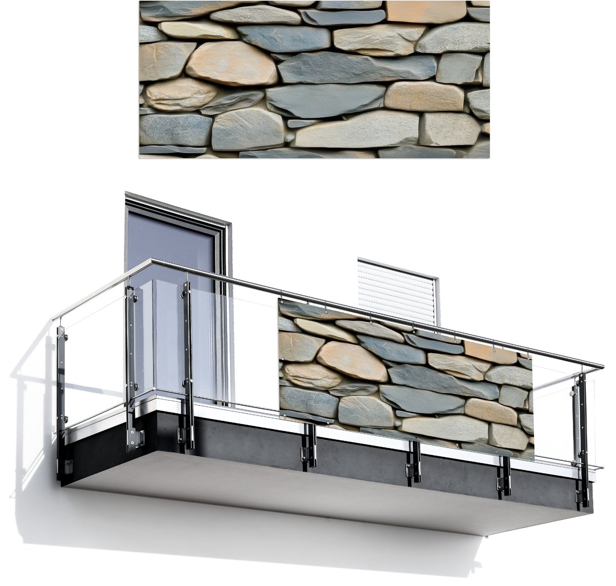Balkonscherm 200x90 cm - Balkonposter Stenen - Rustiek - Grijs - Balkon scherm decoratie -