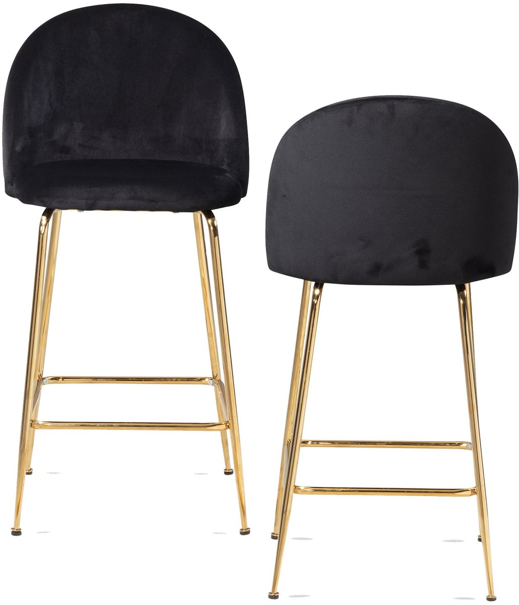 set van 2 barkrukken, zwart fluwelen kruk met rugleuning en gouden poten, keukenkruk Scandinavische stof / metaal 110 kg, design barkruk, tegenkruk, bistrokruk gestoffeerd
