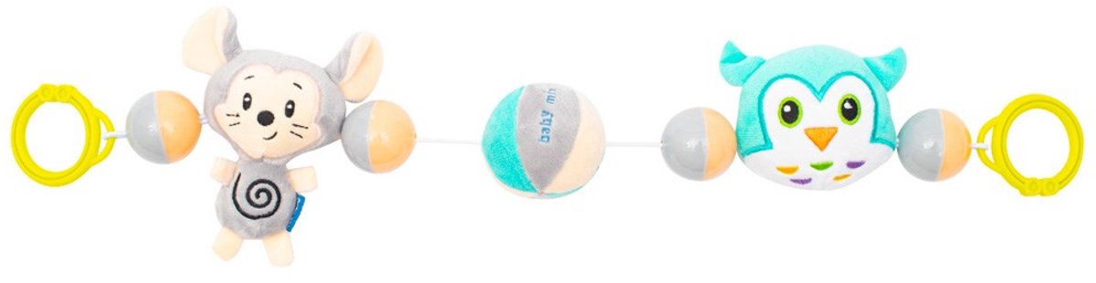 Baby Mix - Kinderwagenaccessoire - Pluche rammelaar multicolor met muis en uil - Babyrammelaar - Kinderwagenspeelgoed - Motorische ontwikkeling - Pluche figuurtjes - Ledikant bevestiging