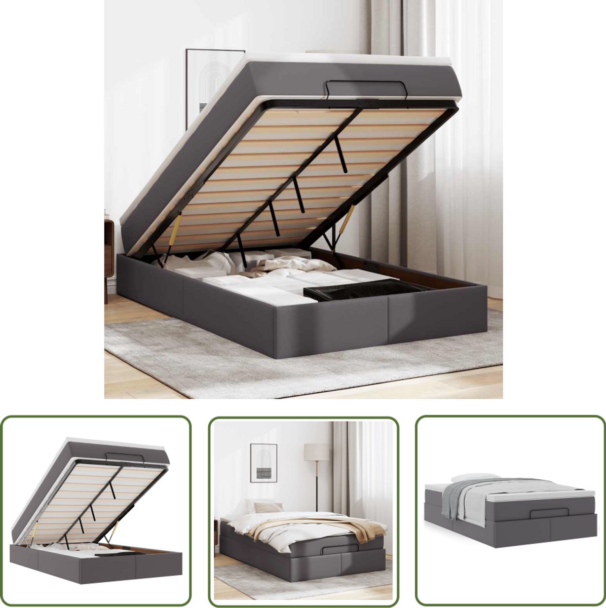 The Living Store Ottoman bed met matras 120x190 cm kunstleer grijs - Ottoman Bed - Boxspring Bed - Tweepersoonsbed - Stapelbaar Bed - Hoofdbord