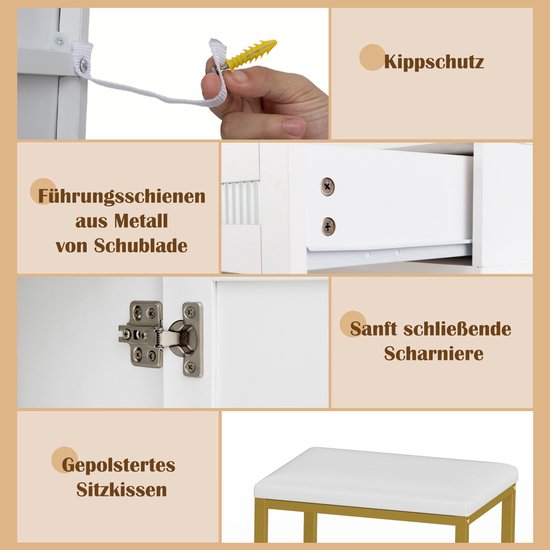 Images détaillées de la coiffeuse : glissières de tiroirs en métal, charnières à fermeture douce, anti-basculement et tabouret rembourré.
