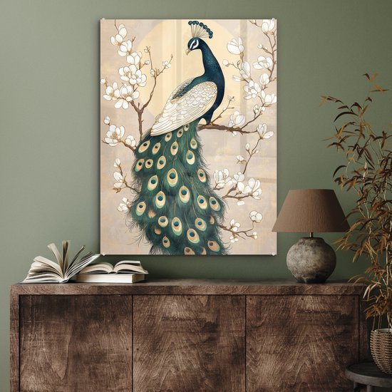 MuchoWow® Peinture sur verre 60x80 cm - Peinture sur verre acrylique - Paon - Branche - Fleurs - Photo sur verre - Décoration murale salon - Décoration murale chambre - Peintures