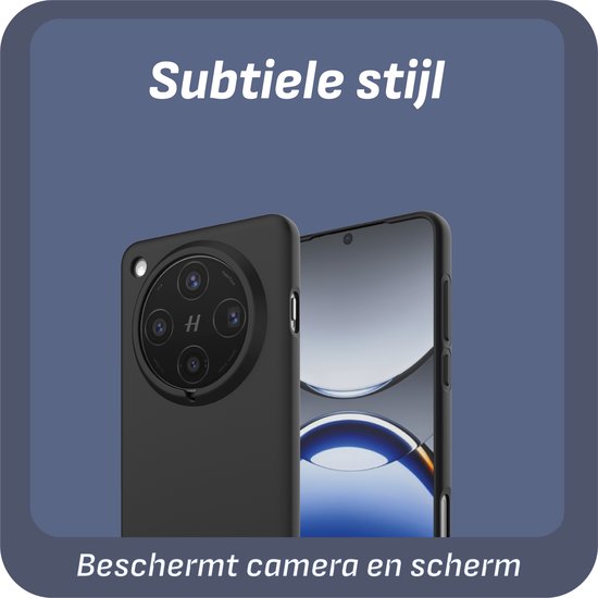 Zwarte telefoonhoes met cirkelvormige camera-uitsparing, beschermt camera en scherm.