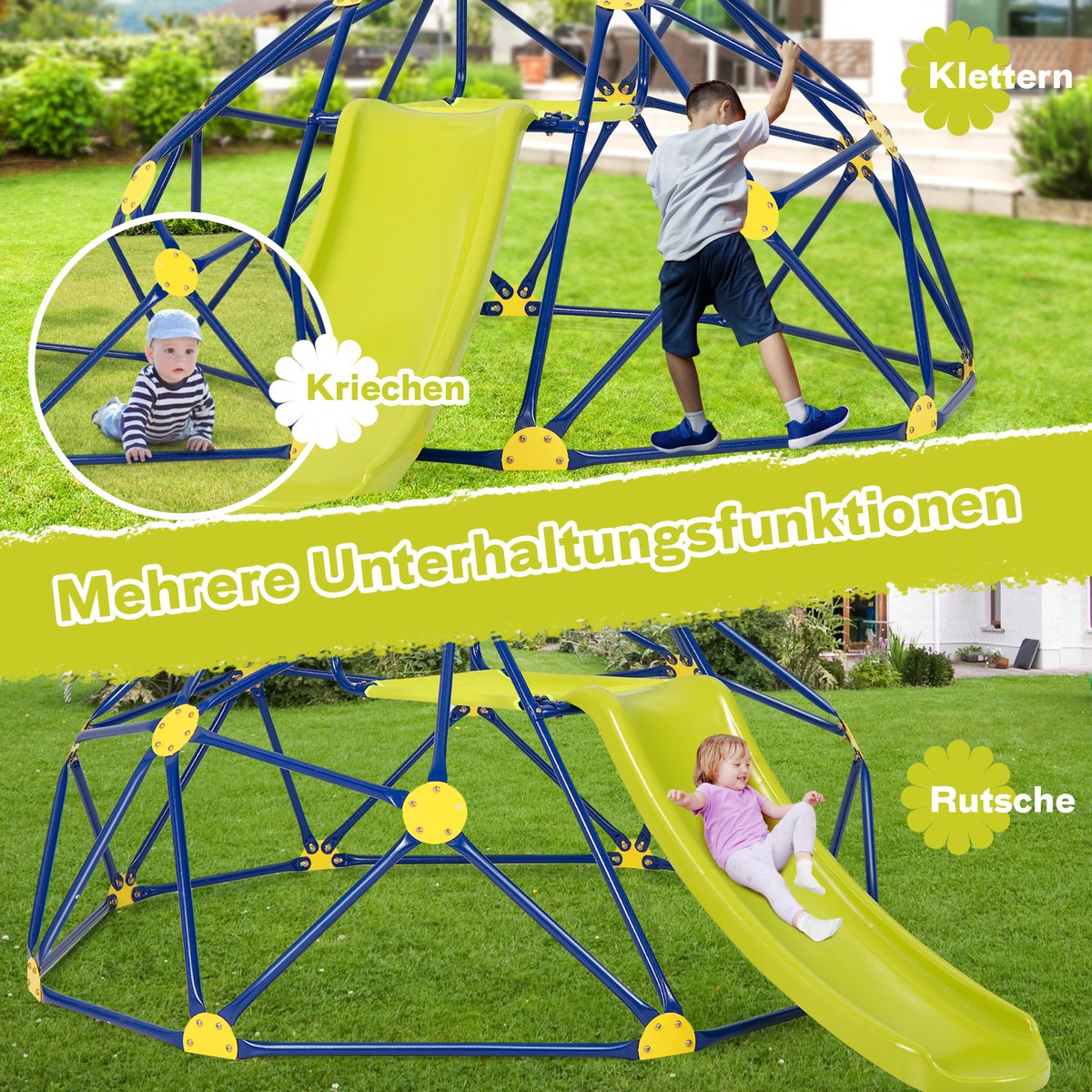 COSTWAY Klimkoepel en Speelset, Geometrische Koepel met Glijbaan, Draagvermogen van 180 KG, Speeltuin voor Kinderen van 3 tot 10 Jaar, Ideaal voor Gym, Achtertuin, Tuin, Park — afbeelding 6