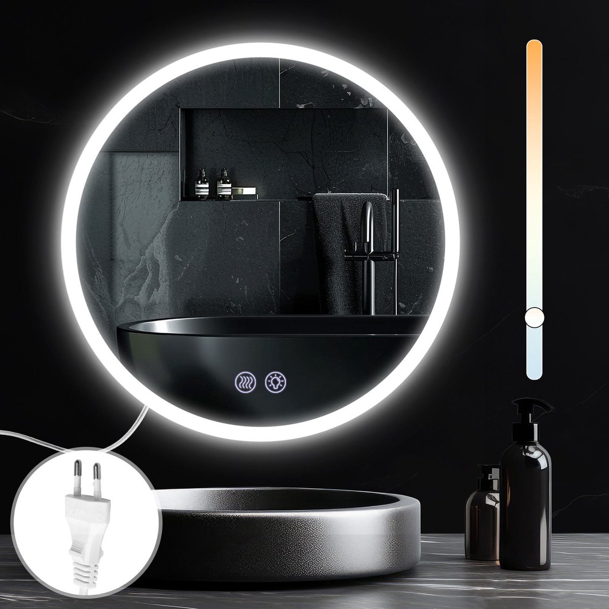NETTLIFE Badkamerspiegel met LED Verlichting - 70cm - Ronde - Dimbaar 3000K-6500K - LED Wandspiegel - Explosiebestendig glas - Badkamerspiegel met aanraakspiegel - Nikkel