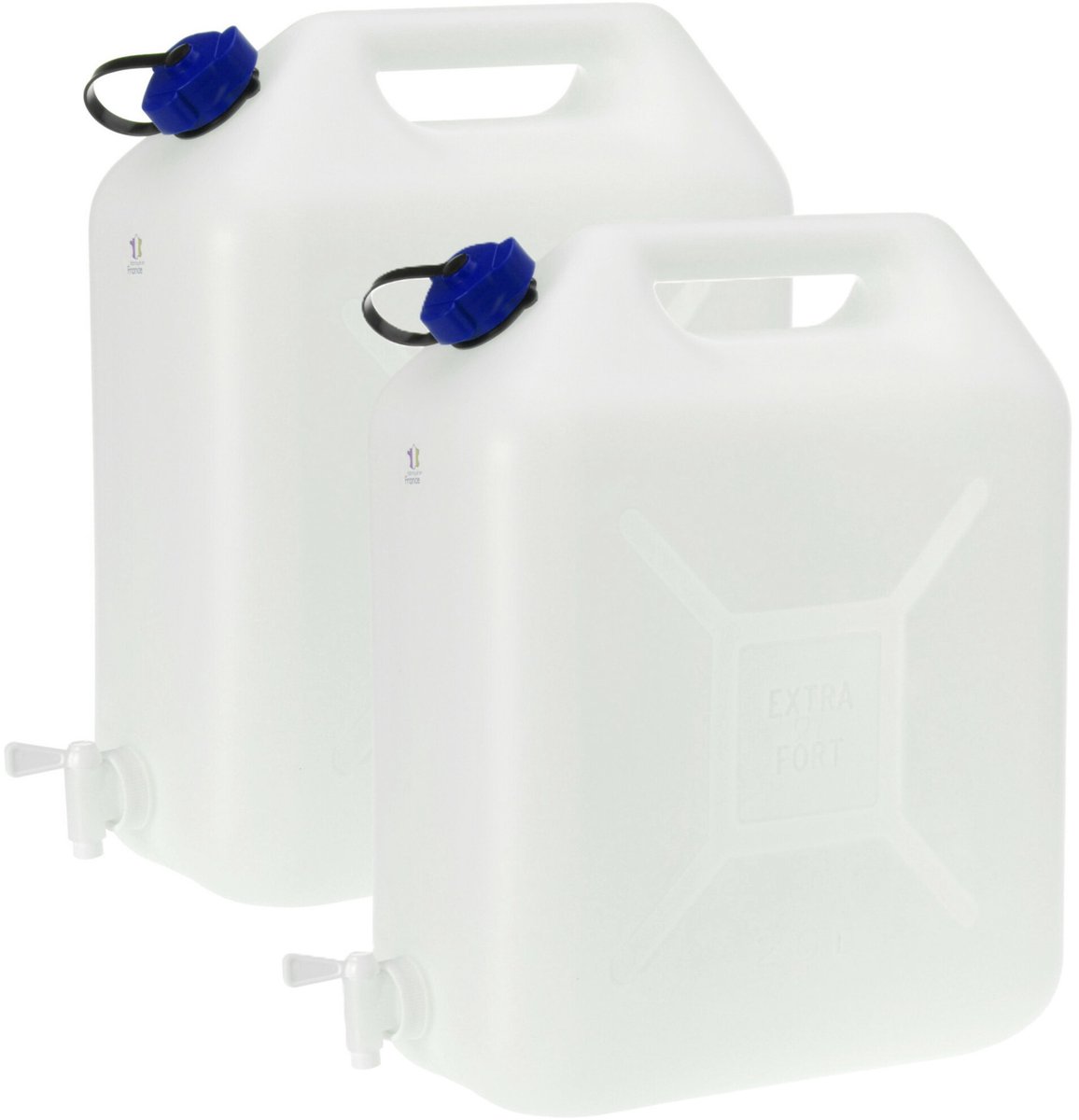 EDA Jerrycan voor water - 2x - 20 liter - Kunststof - met kraantje en dop - Water halen - camping - 41 x 17 x 44 cm