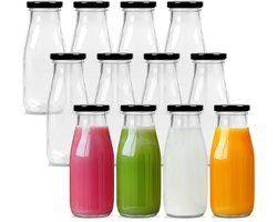 Belle Vous Herbruikbare Glazen Melk Flessen met Metalen Deksels (12 Pak) – 300 ml Vintage Melkproduct Drink Flessen Set – Retro Feest Drinkwaren Voor Smoothies – Ideaal Voor BBQ, Bruiloft en Feesten