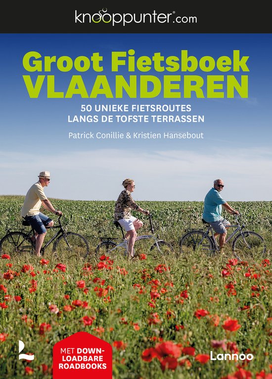 Boekomslag met de titel "Groot Fietsboek Vlaanderen". Drie personen fietsen door een veld met klaprozen.