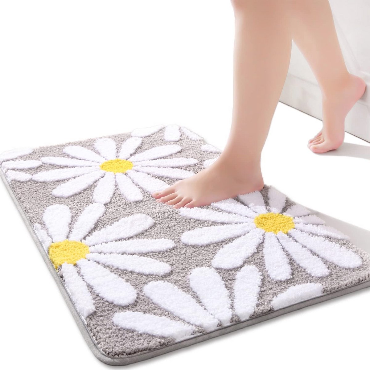 Antislip Badkamertapijt Grijs met Schattige Madeliefjes – Zachte, Absorberende douchematt