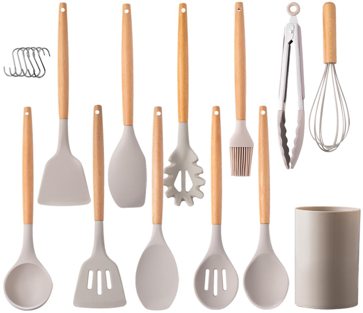Unyqoos ® Complete 12-delige Set van Keukengerei Met Houten Handvatten en Hittebestendige Siliconen