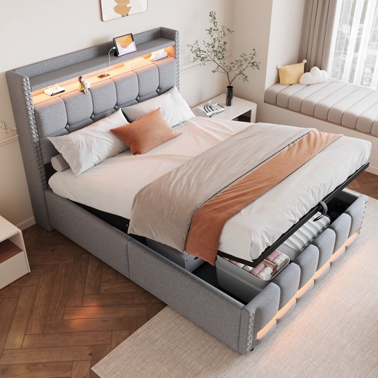Bed Met Opbergruimte 140x200 Cm, Bed Met LED-verlichting En USB Aansluiting Met Opbergruimte Linnen Stof Grijs