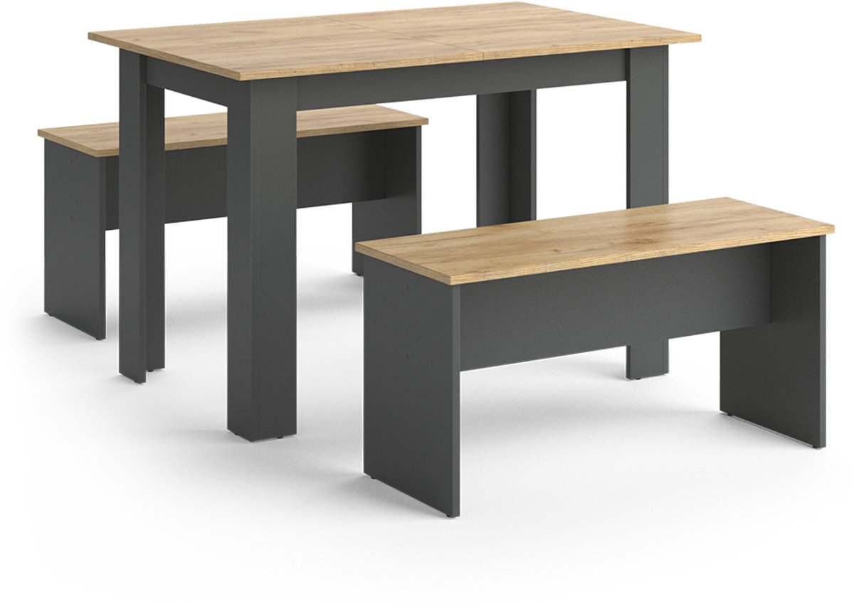 Vicco Sentio Eettafel set – 112 x 73.6 cm met 2 banken Antraciet/gouden eik Antraciet/Goudkleurig Eiken