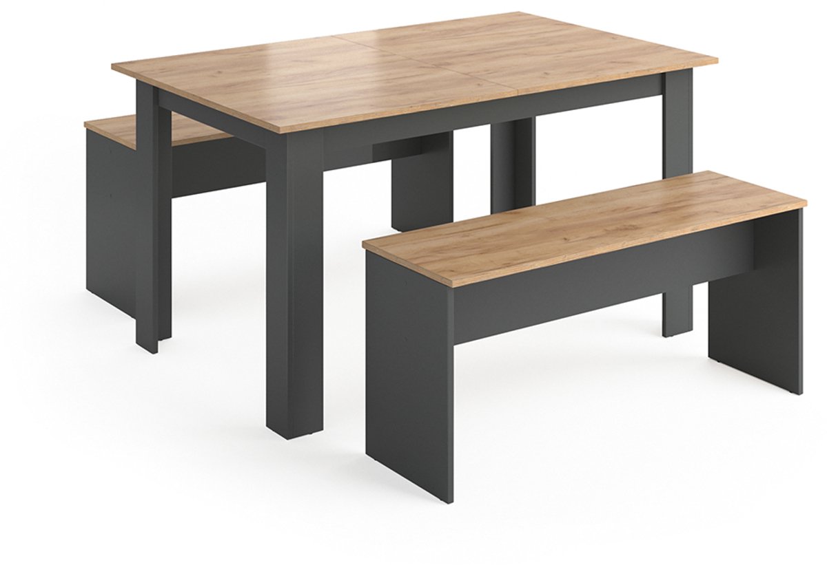 Vicco Sentio Eettafel set – 137.6 x 92.8 cm met 2 banken Antraciet/gouden eik Antraciet/Goudkleurig Eiken