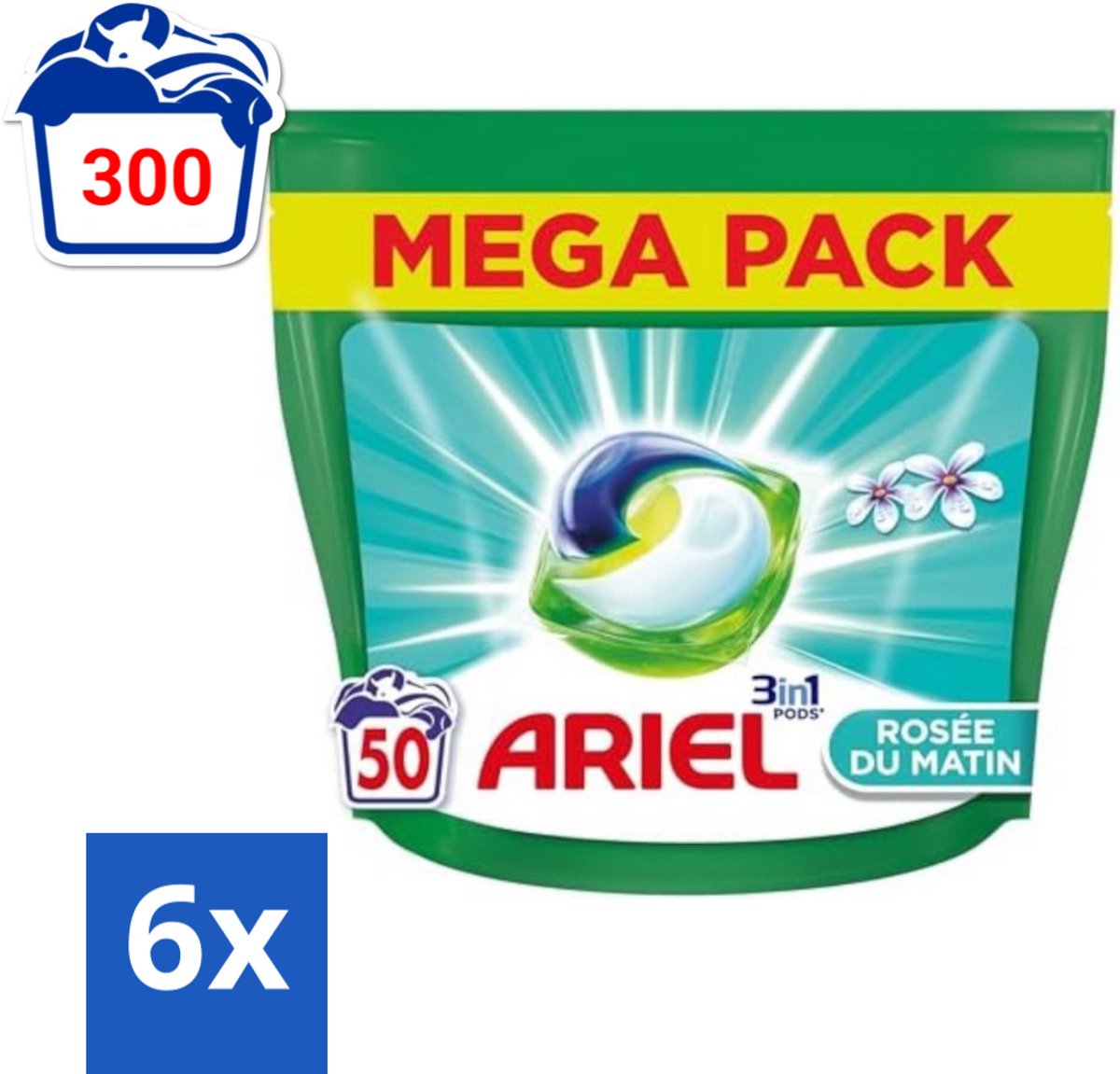 Ariel Original - Ochtenddauw - Wasmiddelcapsules - 3in1 Pods - Witte en Gekleurde Was - 50 Wasbeurten - Voordeelverpakking - 6 stuks