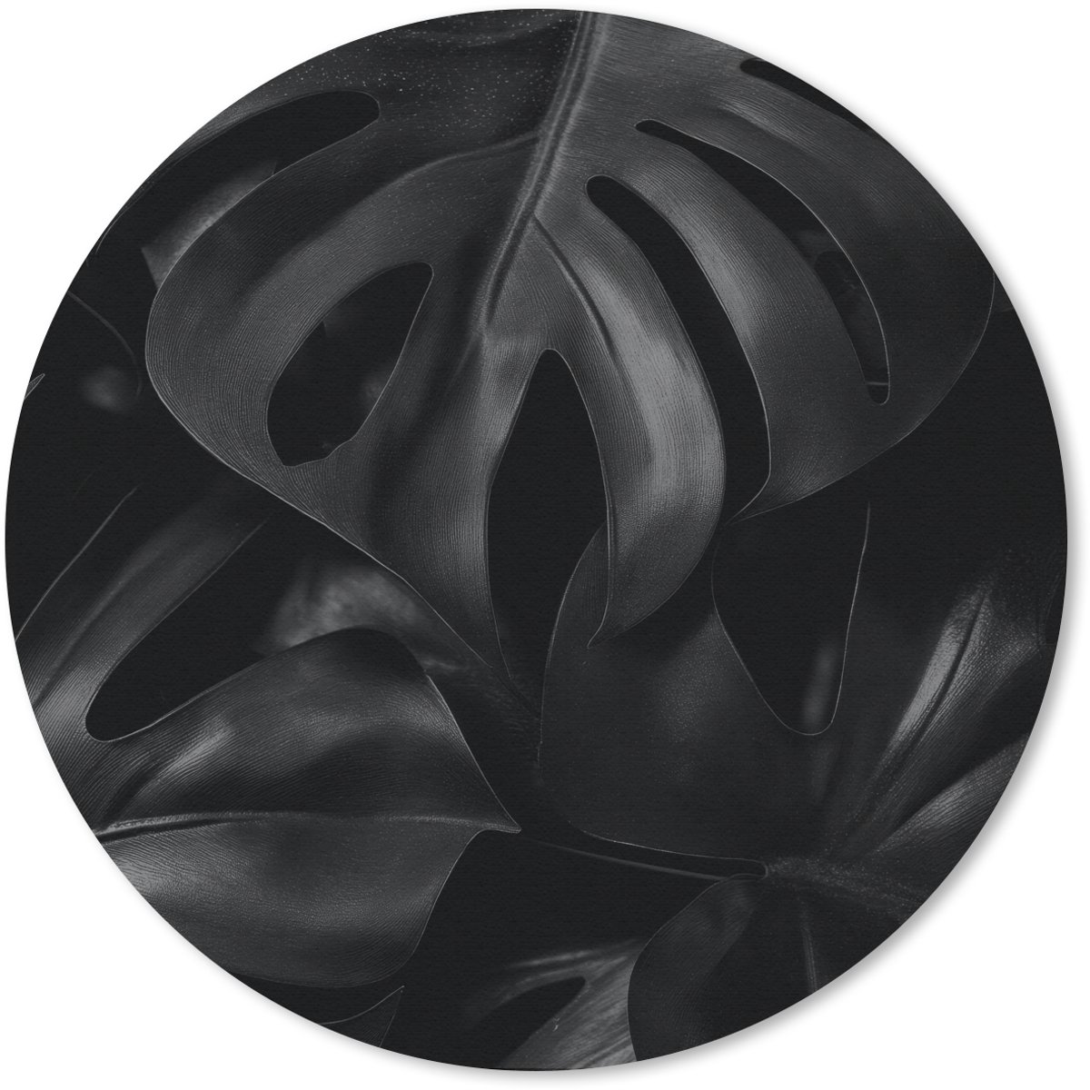 Muismat rond 50x50 cm - Mousepad Zwart - Monstera - Bladeren - Ronde muismatten