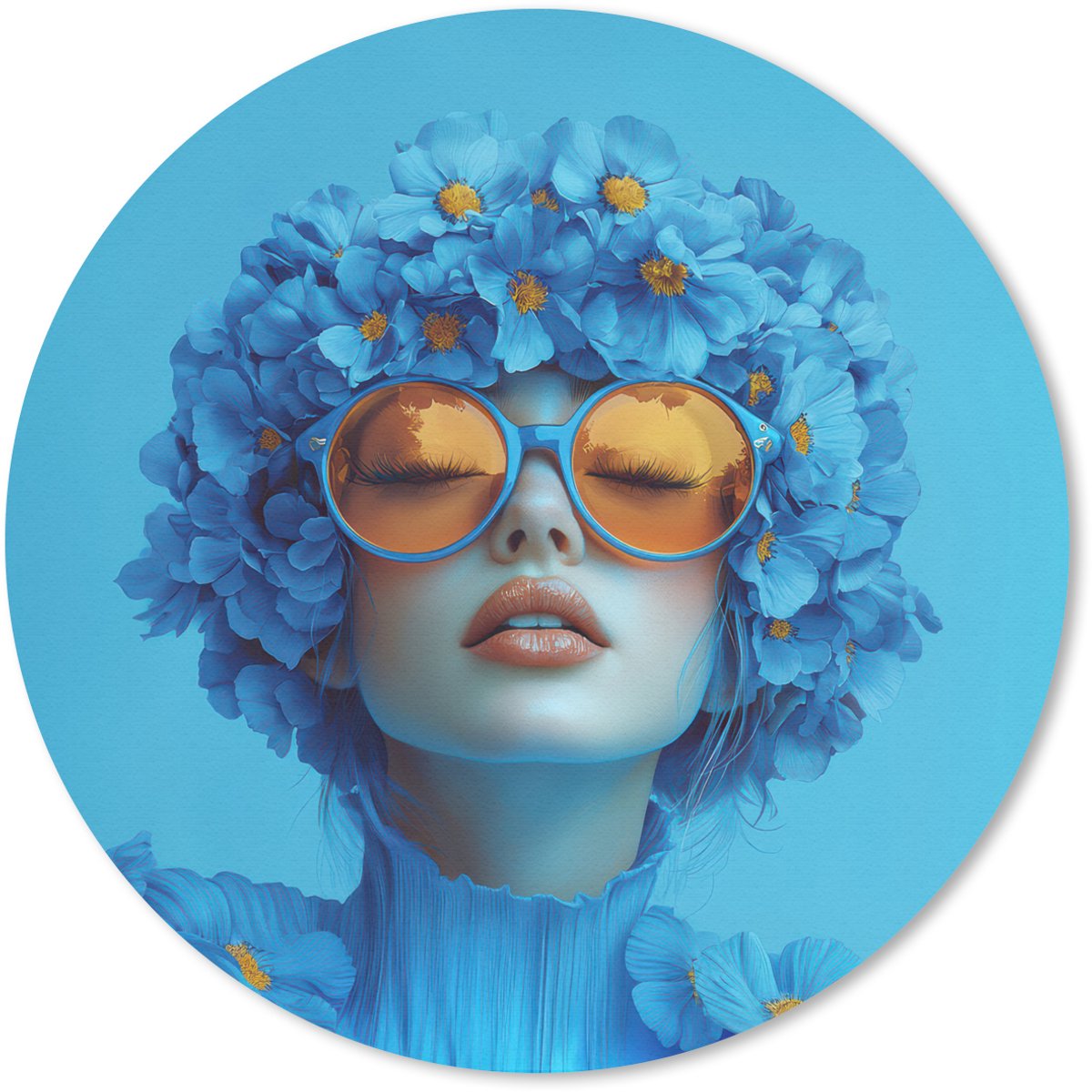 Muismat rond 20x20 cm - Mousepad Vrouw - Bloem - Blauw - Modern - Bril - Portret - Ronde muismatten