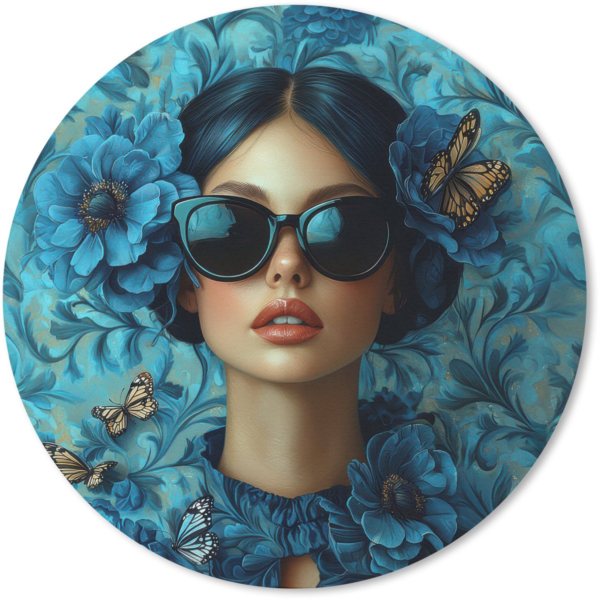 Muismat rond 50x50 cm - Mousepad Vrouw - Bloemen - Vlinders - Blauw - Abstract - Ronde muismatten