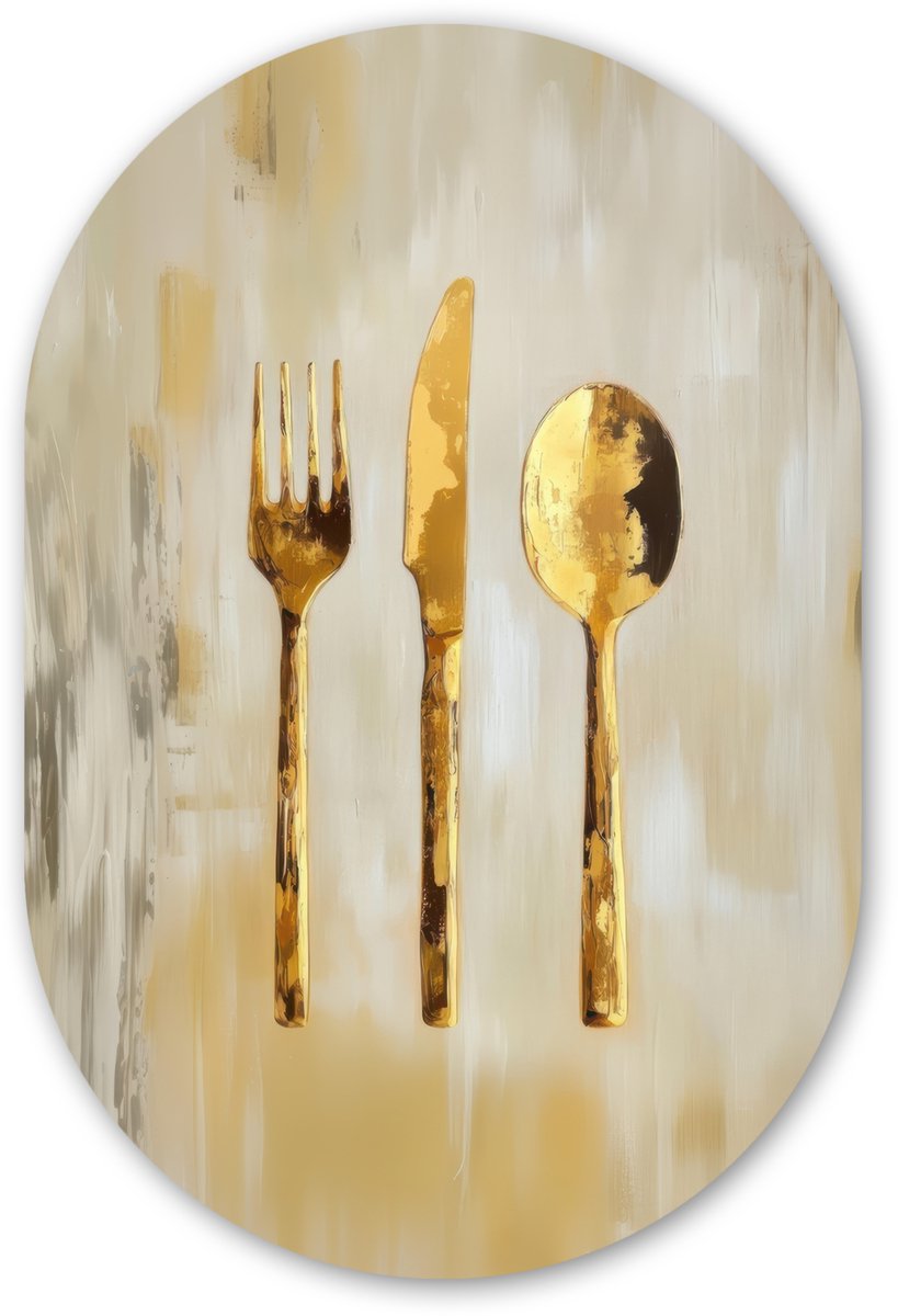 Muurovaal 60x90 cm - Ovale wanddecoratie Verf - Goud - Bestek - Ovalen schilderij - Muurdecoratie woonkamer - Kamer decoratie - Schilderijen - Wandcirkel