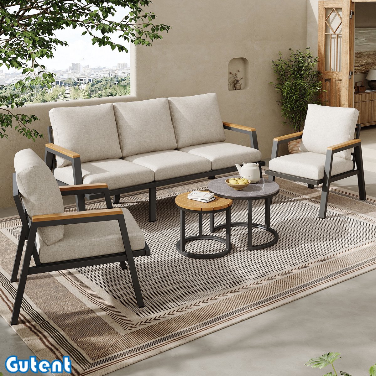 Gutent Tuin loungestoelset - met comfortabele kussens - 3-zitsbank - 2 fauteuils en 2 salontafels - Kunststof houten blad - Gegalvaniseerd staal - Beige