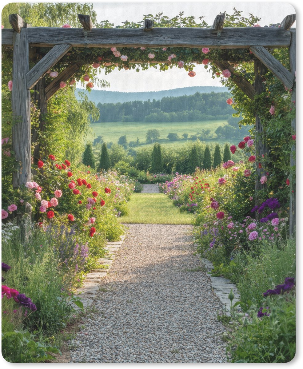 Muismat 19x23 cm - Mousepad Doorkijk - Landschap - Natuur - Tuinboog - Bloemen - Muismatten