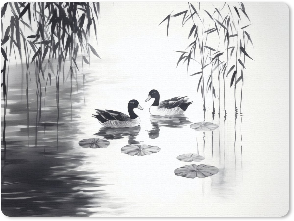 Muismat 23x19 cm - Mousepad Eenden - Waterlelies - Riet - Zwart - Muismatten