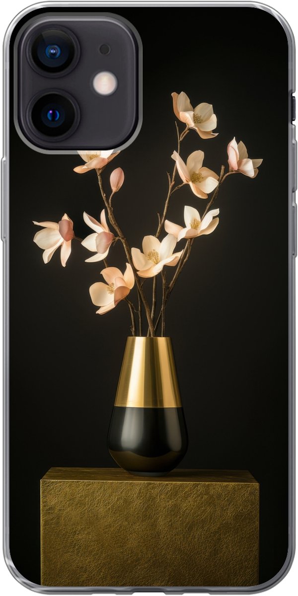 Telefoonhoesje Geschikt voor iPhone 12 hoesje - Sierlijk - Boeket - Goud - Vaas - Siliconen Telefoonhoesje Telefoonhoesje