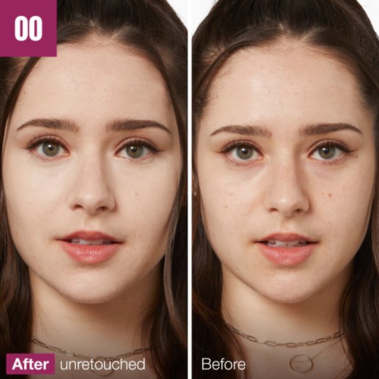 Voor en na foto van een vrouw met lichte huid en bruin haar, met de 00 Ivory concealer.