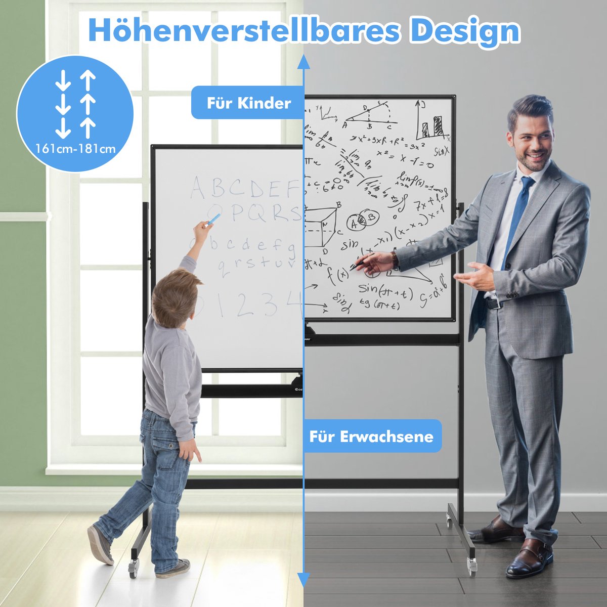 COSTWAY Mobiel whiteboard met standaard, 90 x 120 cm, dubbelzijdig magneetbord, in hoogte verstelbaar en 360° draaibaar, magnetisch whiteboard met wielen, whiteboard, afwasbaar, beschrijfbaar, incl. thumbnail 4