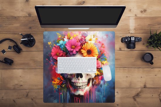 Muismat XXL 60x60 cm - Bureau onderlegger - Bureau mat Schedel - Bloemen - Doodshoofd - Kleurrijk - Bureaumat - Gaming mousepad xl - Bureaulegger groot - Computer deskmat