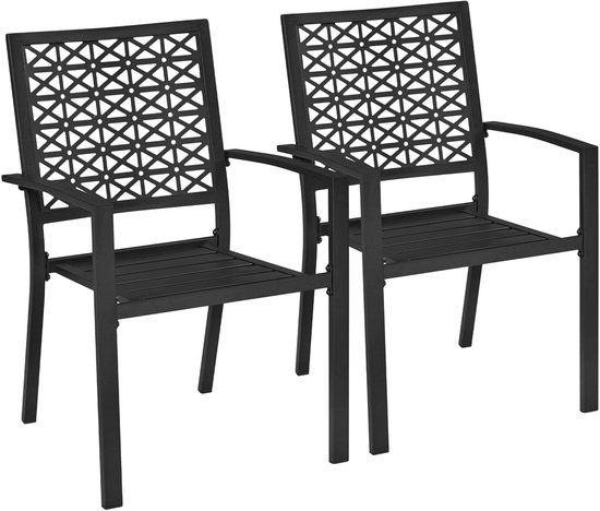 Yaheetech Set van 4 metalen stoelen voor outdoor-/eetkamerstoelen, tot 136 kg belastbaar, stapelbare tuinstoel van metaal, 58 × 59,5 × 89 cm (l x b x h), zwart