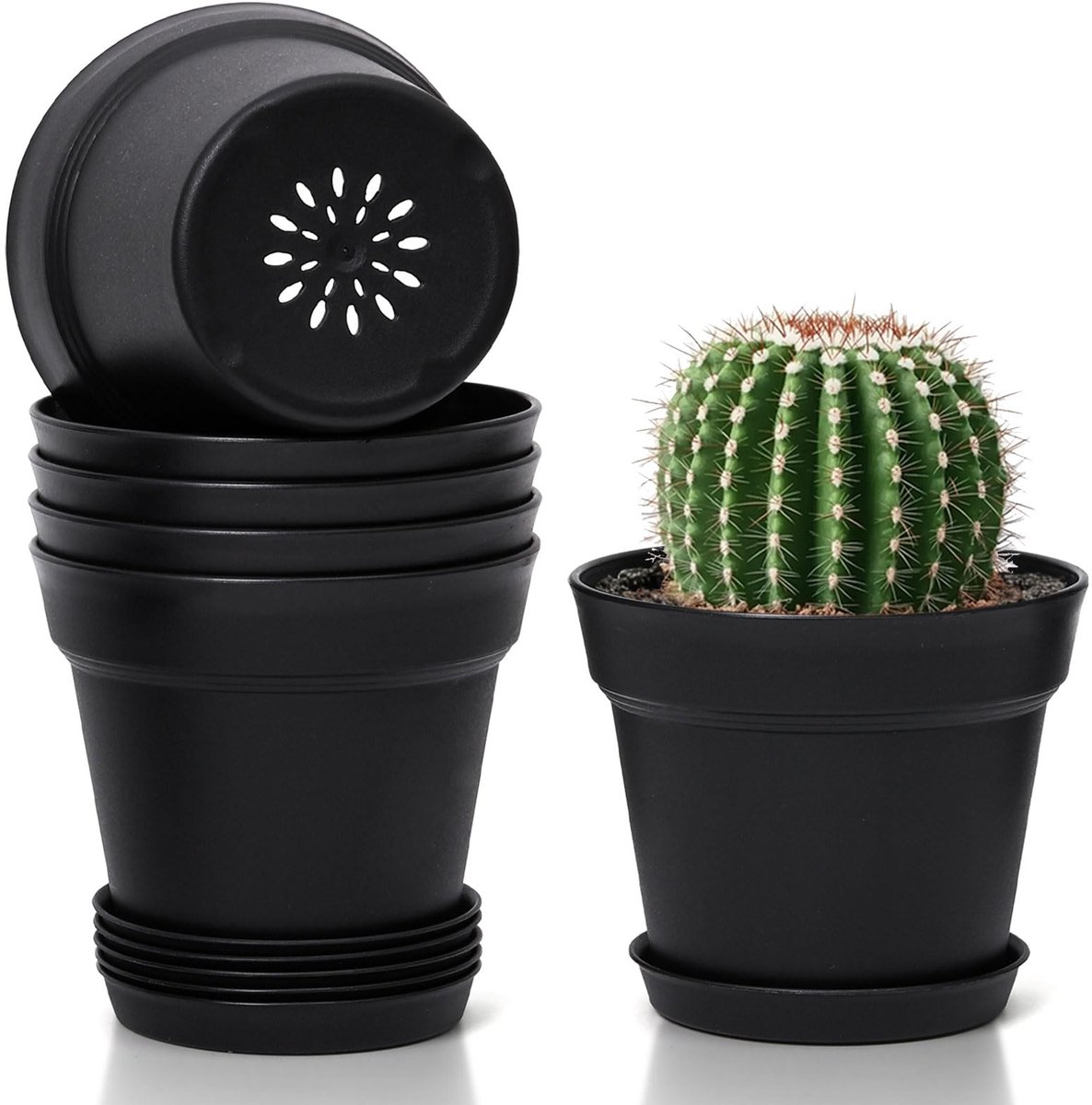 Ibenzoa® Set van 6 Zwarte Kunststof Bloempotten met Onderzetters – Perfect voor Succulenten en Kruiden