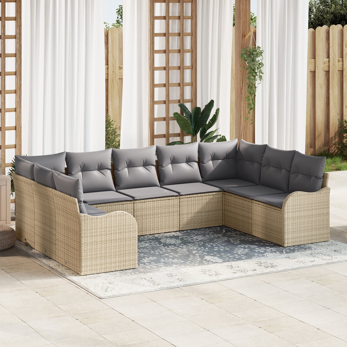 vidaXL - Tuinbank - Set - met - kussen - 9 - pcs - Beige - Poly - rattan