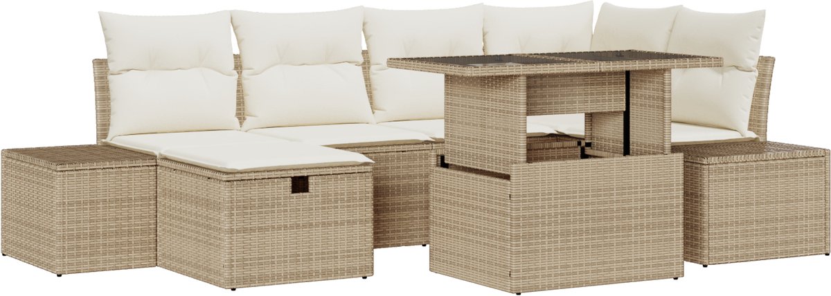 vidaXL - Tuinbank - Set - 7 - pcs - Beige - poly - rattan