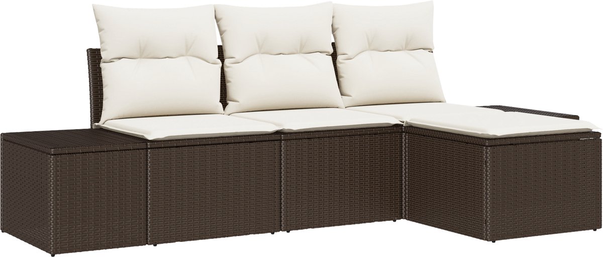 vidaXL - Tuinbank - Set - met - kussen - 4 - pcs - Bruin - en - Crème - poly - rattan