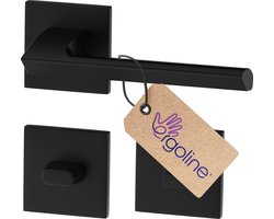 ERGO line Zwarte Deurbeslag QUANTO, Deurbeslag set Binnendeur, Deurklink Set, Deurklink Op Vierkante Rozet met WC-rozet/badkamer, Mat Zwart, Deurkruk, Incl. Bevestigingsmateriaal - Terugslagveer