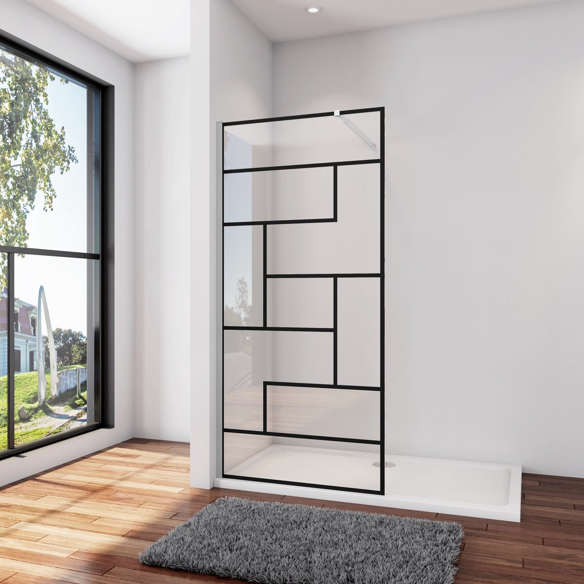 Douchewand-Inloopdouche 70x200cm 8mm NANO Easyclean zwart raster gezeefdrukt gehard glas glanzend chroom aluminium profiel 70-120cm stabilisatiestang(inkortbaar)