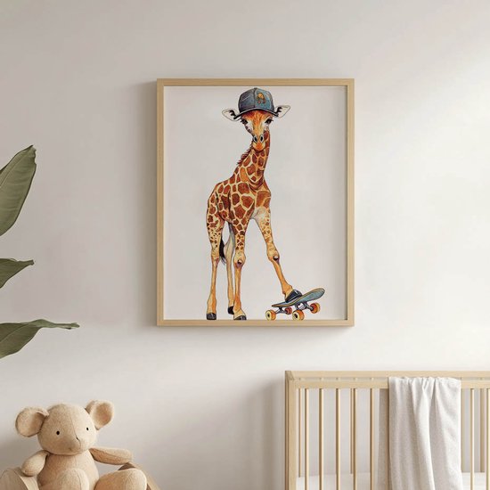 Gouden Frame Wandposter Giraf Op Skateboard 50X70 Cm