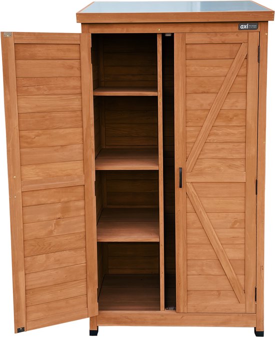 Armoire de rangement en bois AXI Hugo Coffee Brown - Abri de jardin avec toit galvanisé - 3 étagères et base - Bois FSC - Fermeture magnétique - 85x52x174cm